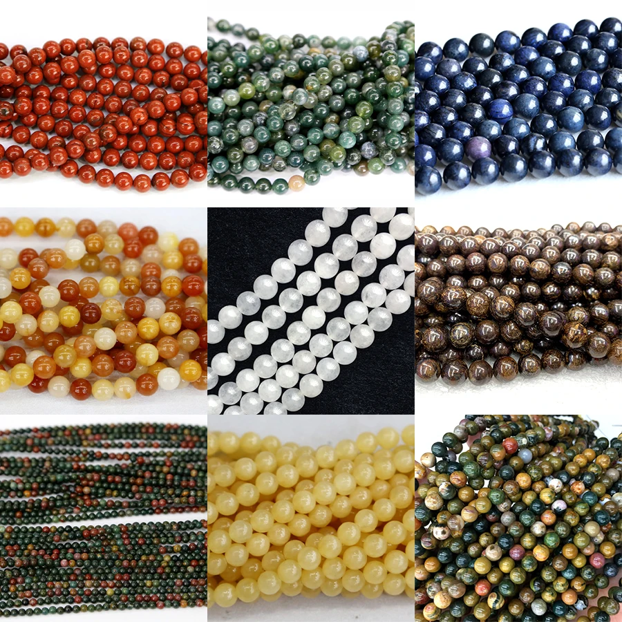 Veemake Natural White Jade Dumortierite Ocean Jasper Old Yellow Jade Bronzite Moss Agate Red India Blood Jasper Round Beads