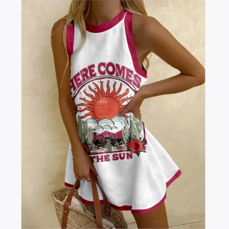 2025 New Casual Fish-printed Mini Dresses Round Neck Sleeveless Loose A-line Dress Sea Beach Vacation Sundress Women's Clothing