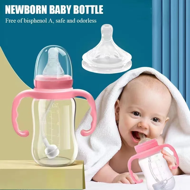 baby milk bottle silicone nipple breast-like feeding bottle Anti Colic with straw handle bottles for babies boy and girl