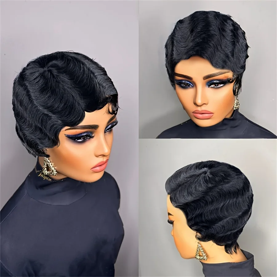 machine made remy hair for women daily use short finger wave pixie cut human hair wig 4inch natural black color 150% density