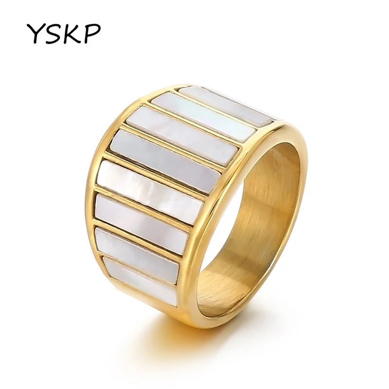 YSKP Fashion Creative Stainless Steel White Shell Rings For Men And Women Streamlined Couple Ring Daily Wear Jewelry