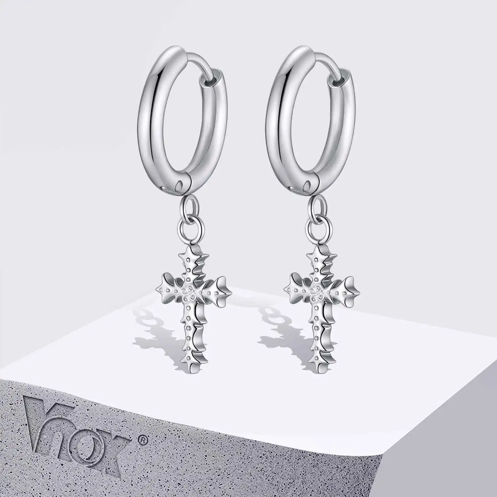 Vnox Stainless Steel Thorn Cross Huggie Earrings for Women Men, Punk Gothic Jewelry Gifts, Hypoallergenic Piercing Hoop Earrings