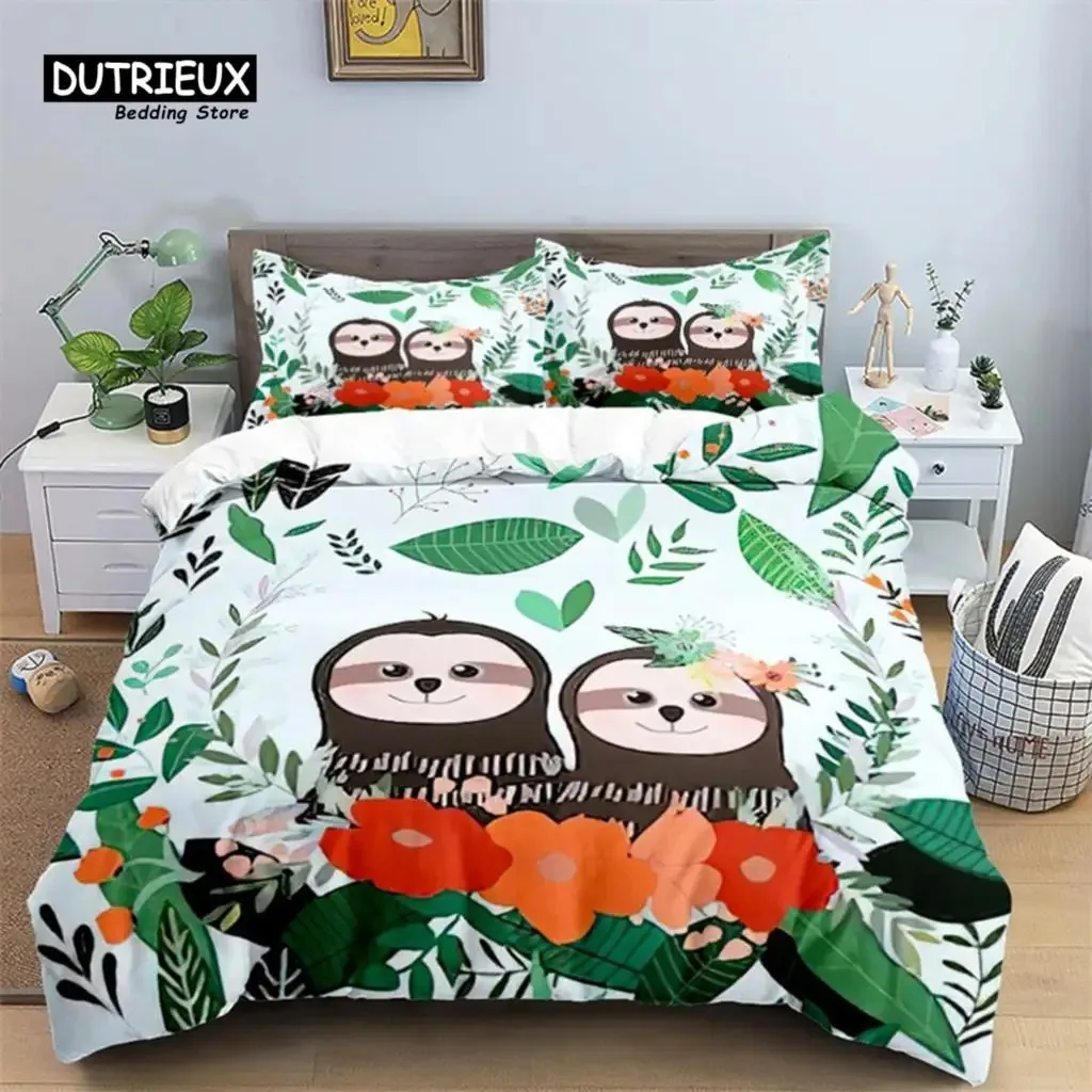 Lovely Sloth Duvet Cover Set Cartoon Animal Bedding Set For Girls Boys Teens Dorm Bedroom Decor Microfiber King Comforter Cover