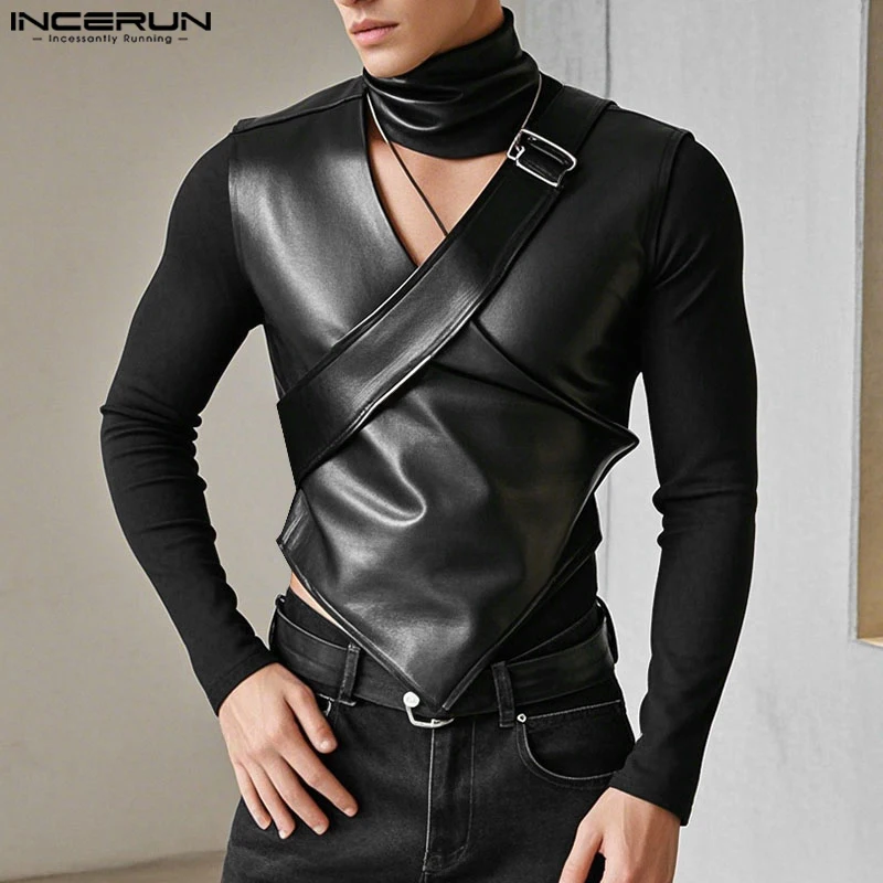 INCERUN Tops 2025 American Style Fashion Men's Faux Leather Design Hollow T-shirts Casual Sexy Male Solid Long Sleeved Camiseta