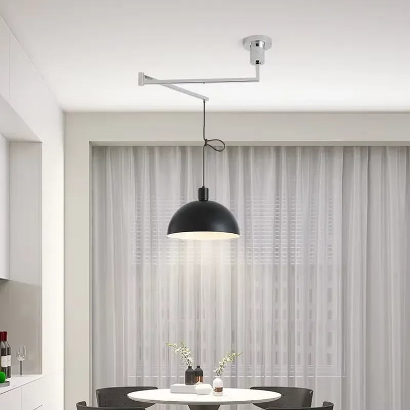 Simple Adjustable Long Arm Dome Chandelier Modern Black Industrial Style Pendant Light for Dining Room