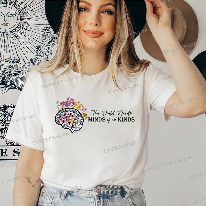 The World Needs Mind of All Kinds T-shirt Women Autism Awareness Crew Neck Women's Clothing Flower Blooming Brain Cute Tops Tees