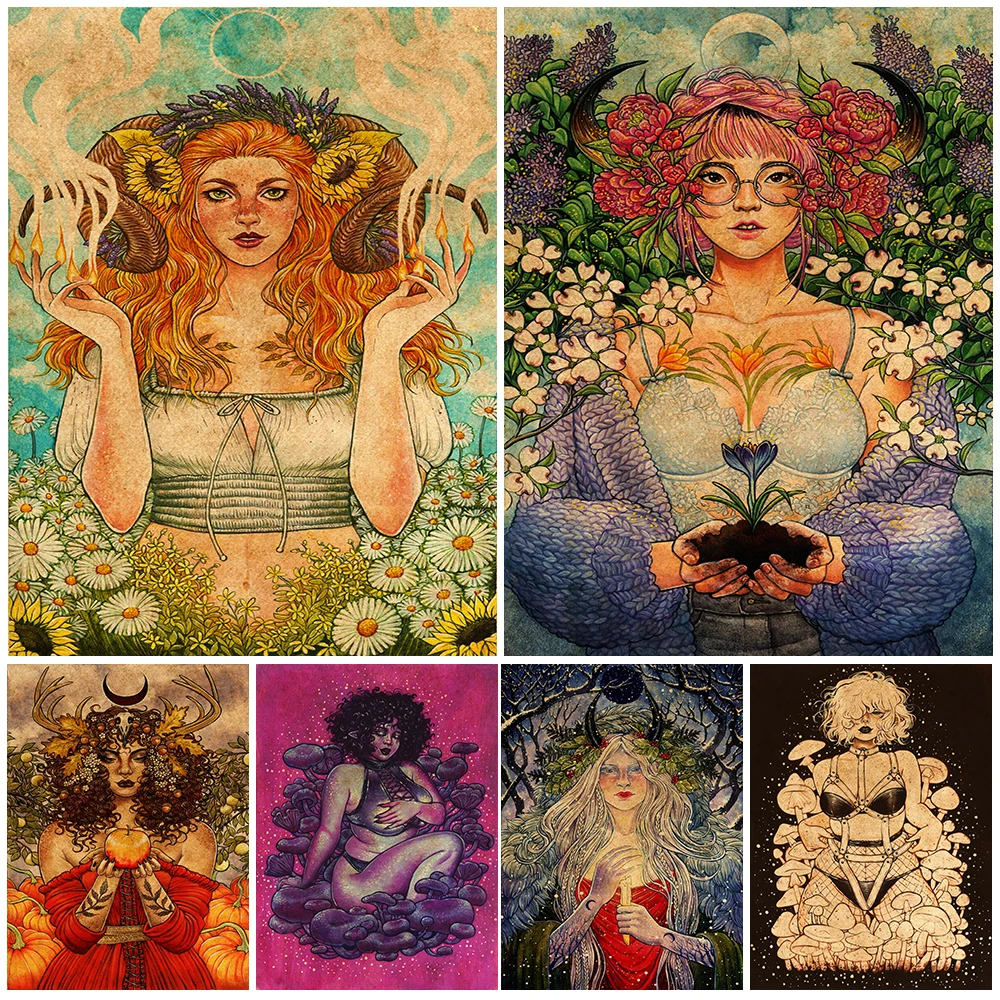 Mushroom Nymph And Four Seasons Witch Vintage Wall Art Canvas Painting Medusa In Love Art Poster And Print Home Decor Unframed