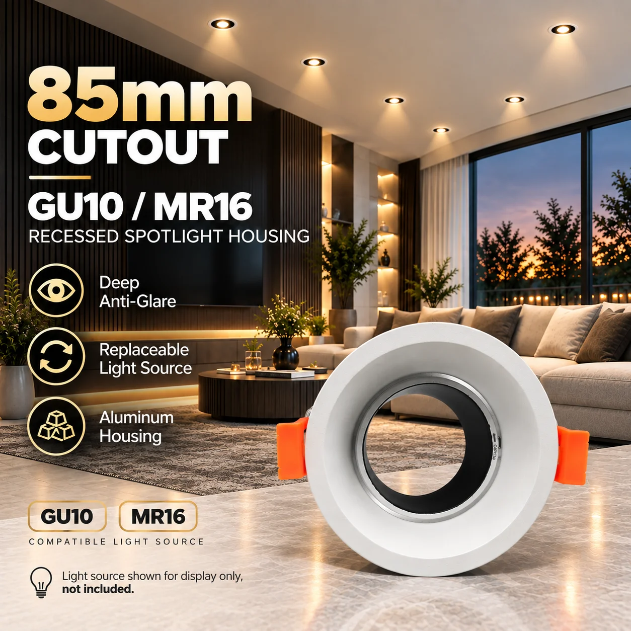 85mm Cutout GU10 MR16 Recessed Spotlight Housing Deep Anti Glare Aluminum Downlight Frame Replaceable Light Source Ceiling Light