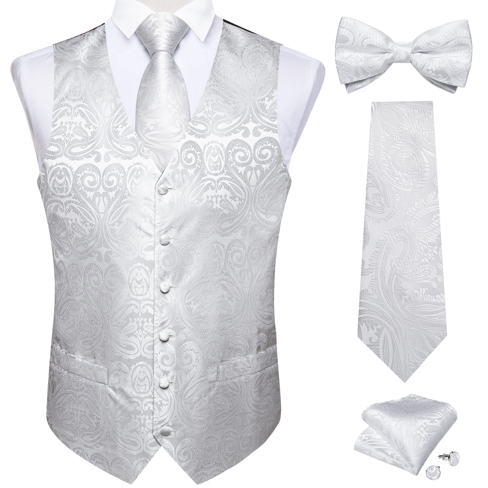 DiBanGu conjunto de corbata de chaleco de traje blanco clásico para hombre, conjunto de pajarita para novio, boda, banquete, fiesta, chaleco Formal de negocios