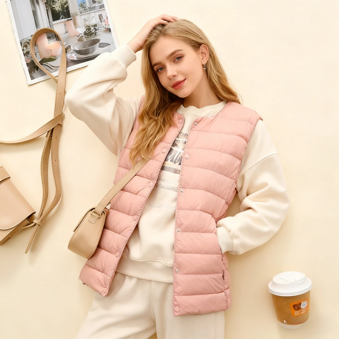 Down Vests Jacket Women Winter Puffer Waistcoat Parkas Round Collar Single Breasted Windproof Coat Outerwear Ultralight Overcoat