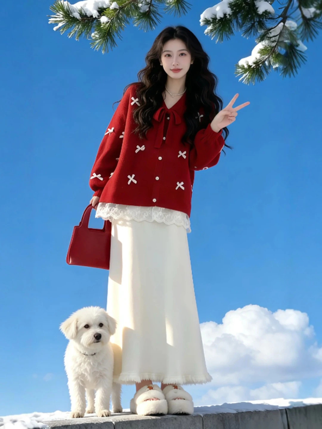 

Красный комплект: свитер и юбка, в стиле «Нежный ветер», уникальный, из двух предметов, молодежный зимний фэшн, корейский стиль, длинный рукав, V-образный вырез