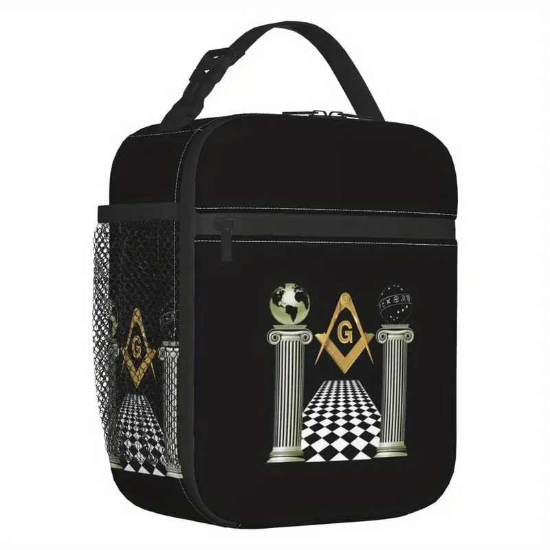 Boaz and Jachin Solomon'S Temple Portable Lunch Box - Leakproof Thermal Insulated Cooler Bag with Masonic Design, Durable Oxford