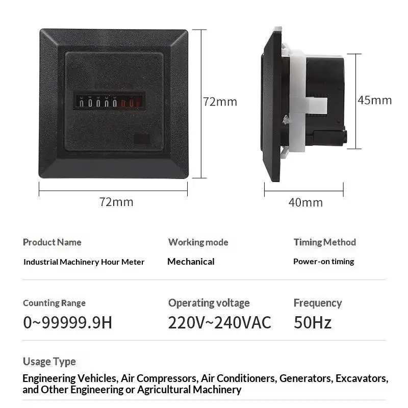 AC 220-240V Digital Hourmeter Gauge 0-99999.9 Hour Counter Hermetic 50Hz for Heavy Duty Generator
