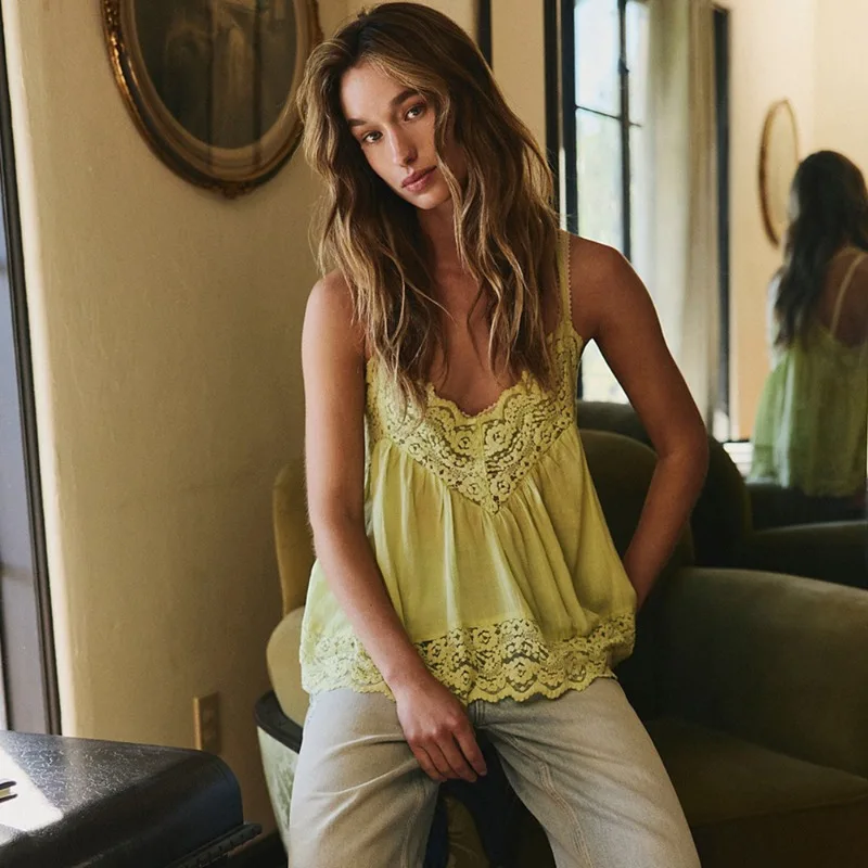 

Tuularose Summer Lace Camisole Women's Sexy Lace Printed Lace Up Patchwork New Top Fashion Retro Elegant Chic Casual Women Tops