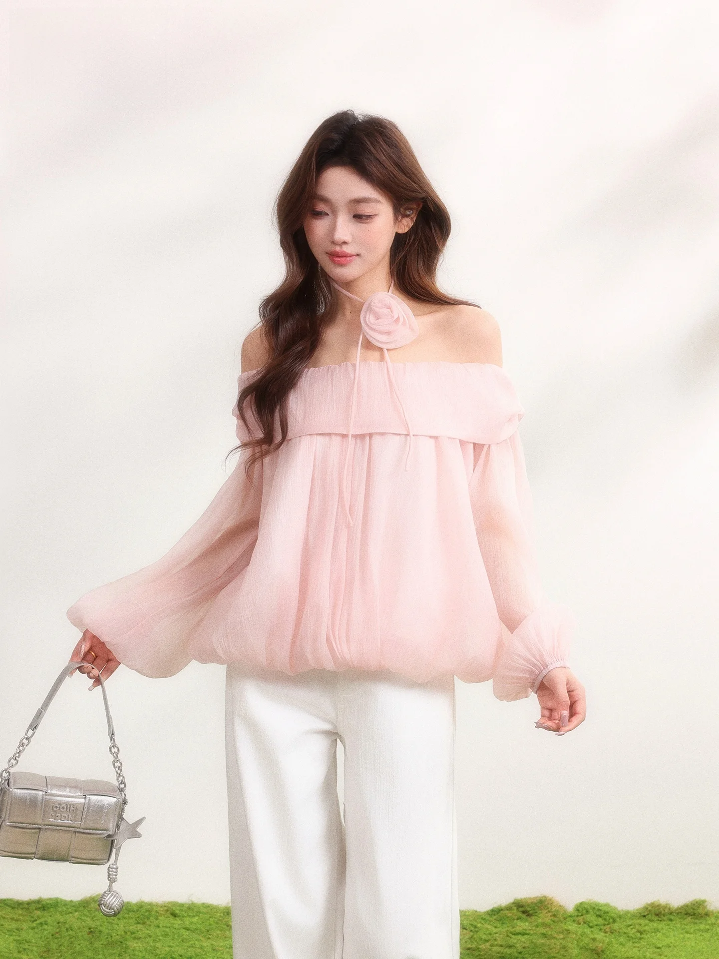 

Pink One-Shoulder Long-Sleeve Shirt Women's Summer New Style Age-Defying Floral Embellished Casual Loose Fit Button-Down Top