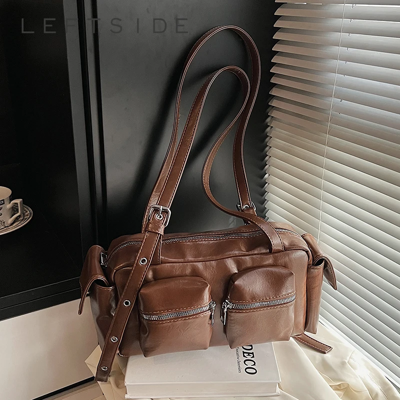 

LEFTSIDE 2025 Winter Double Pockets Small PU Leather Square Handbags and Purses Women's Underarm Bag Trend Brand Shoulder Bags