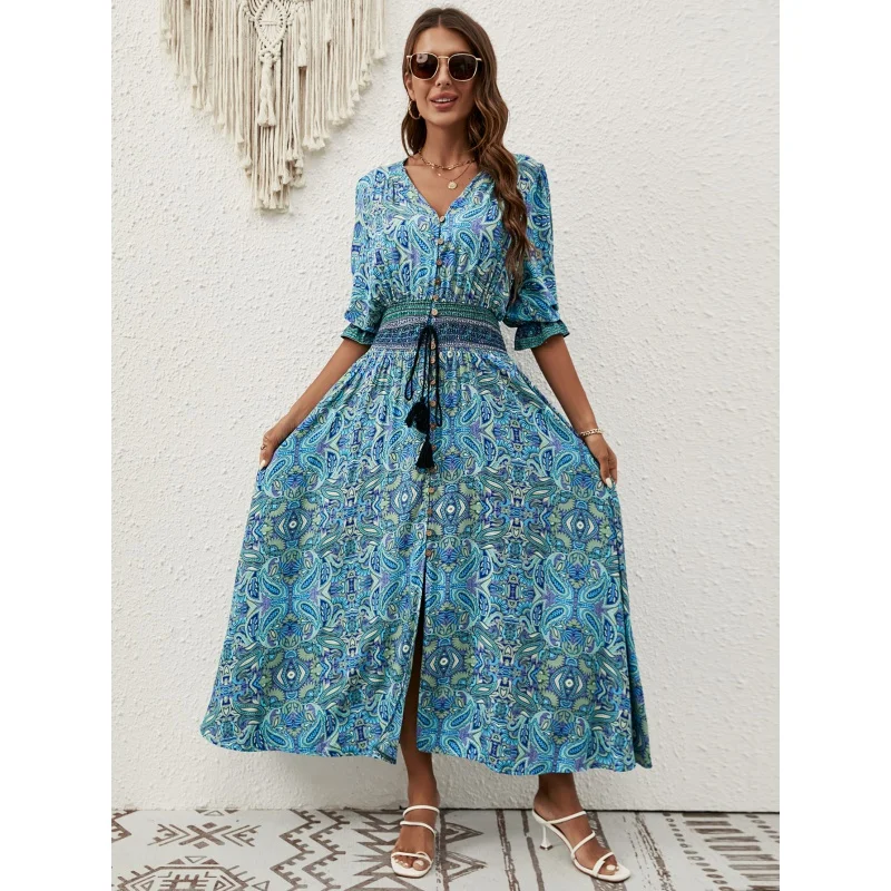 

Bohemian Casual Vacation Beach Dress, Independent Stand Rayon, Three-Quarter Sleeve, Waist, In Stock