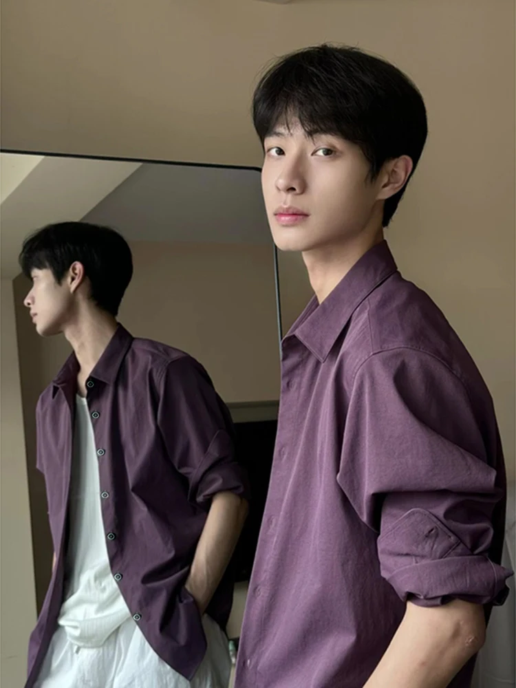 

Фиолетовая длинная тонкая мужская рубашка-поло Haome для весны и осени, молодежная, свободного кроя, в американском стиле, с воротником-стойкой