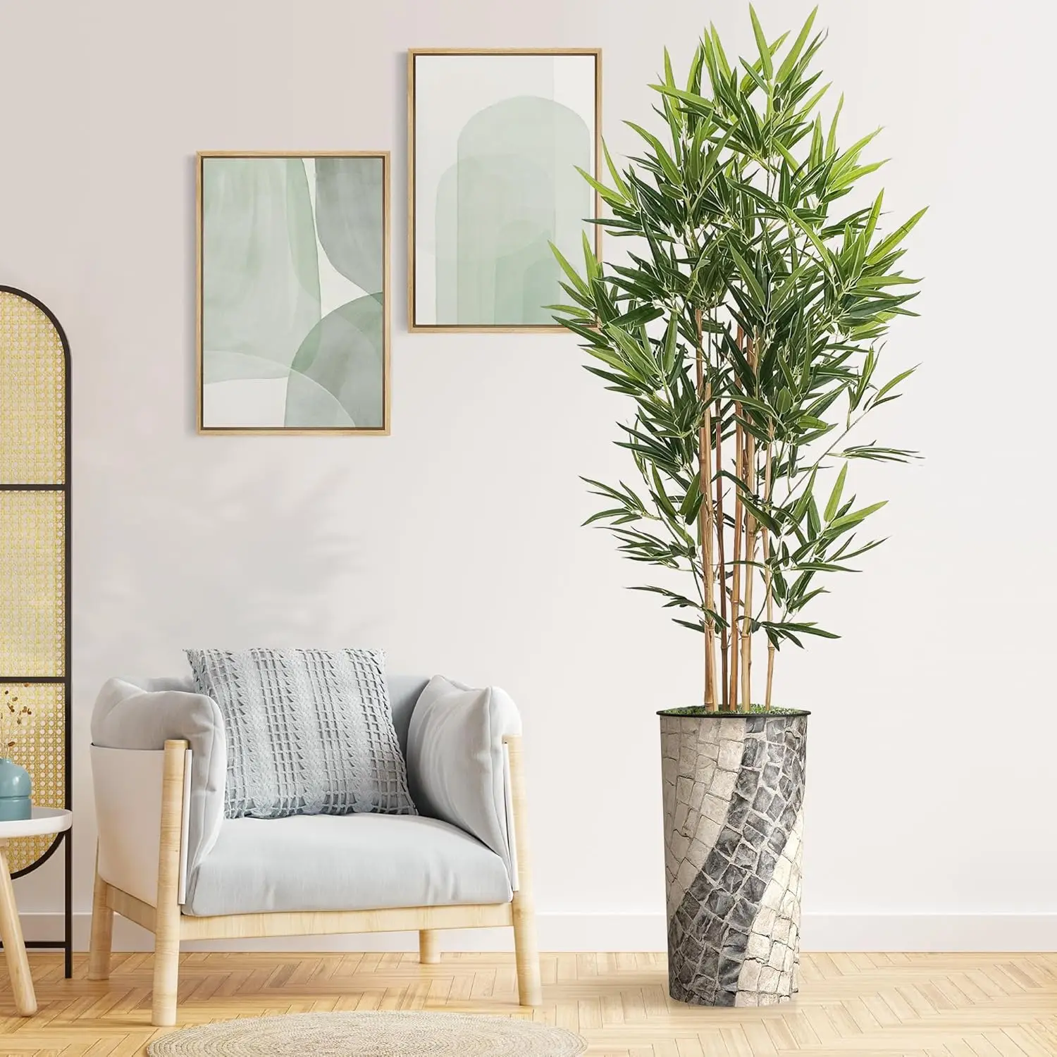 

Artificial Tree in Geometric Pattern Planter, Fake Bamboo Silk TRE for Indoor and Outdoor Home Decoration - 70" Overall Tall