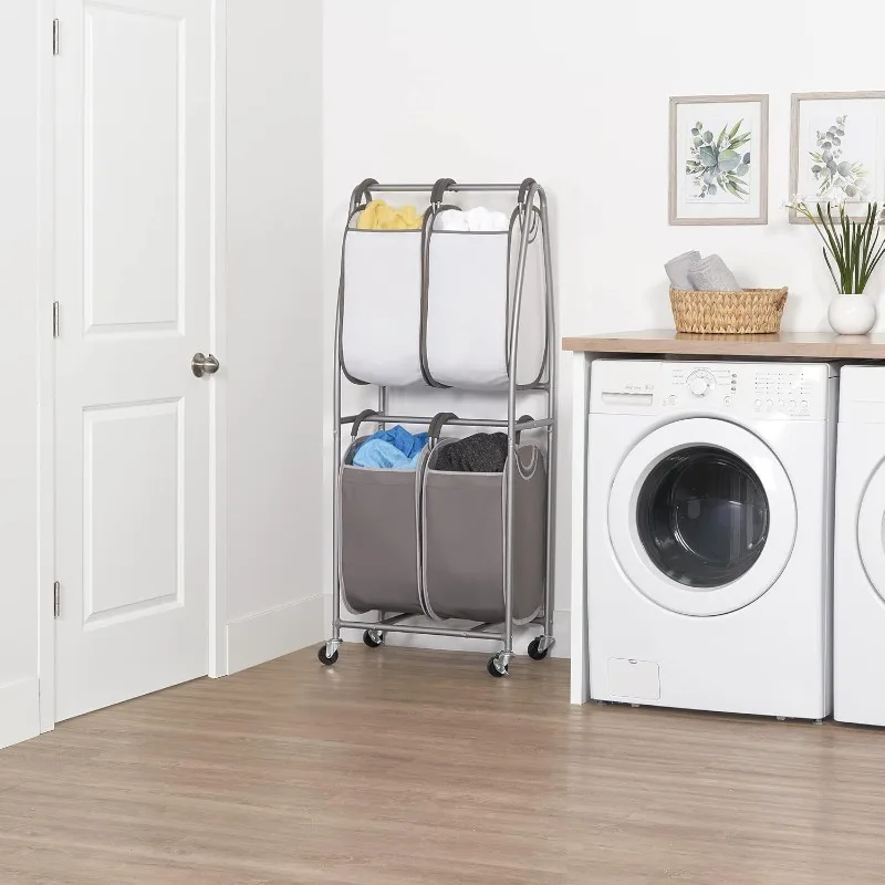 2 Tier Vertical Rolling Laundry Cart - Rolling Storage Cart On Wheels With 4 x Tote Hampers For Laundry, Towels, Blankets