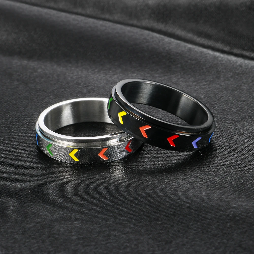 Stainless Steel 6mm Width Arrow Rotatable Rainbow Ring for Men Boy Punk Spinner Anti Stress Ring Jewelry Gift