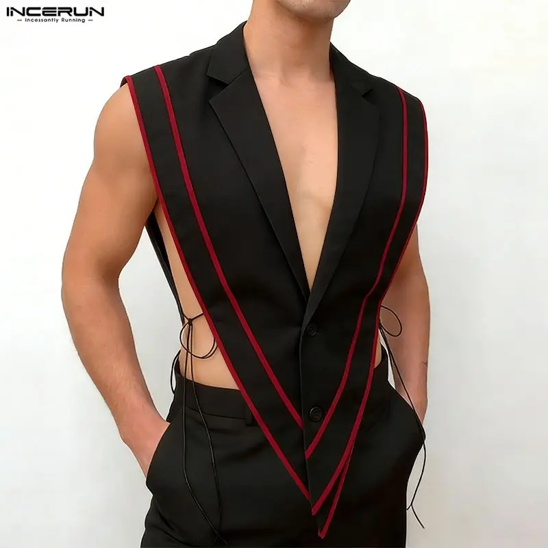 

INCERUN Men's Vests Patchwork Color-block Lace Up Hollow Out Male Waistcoats Personality Streetwear Irregular Vests For Man 2026