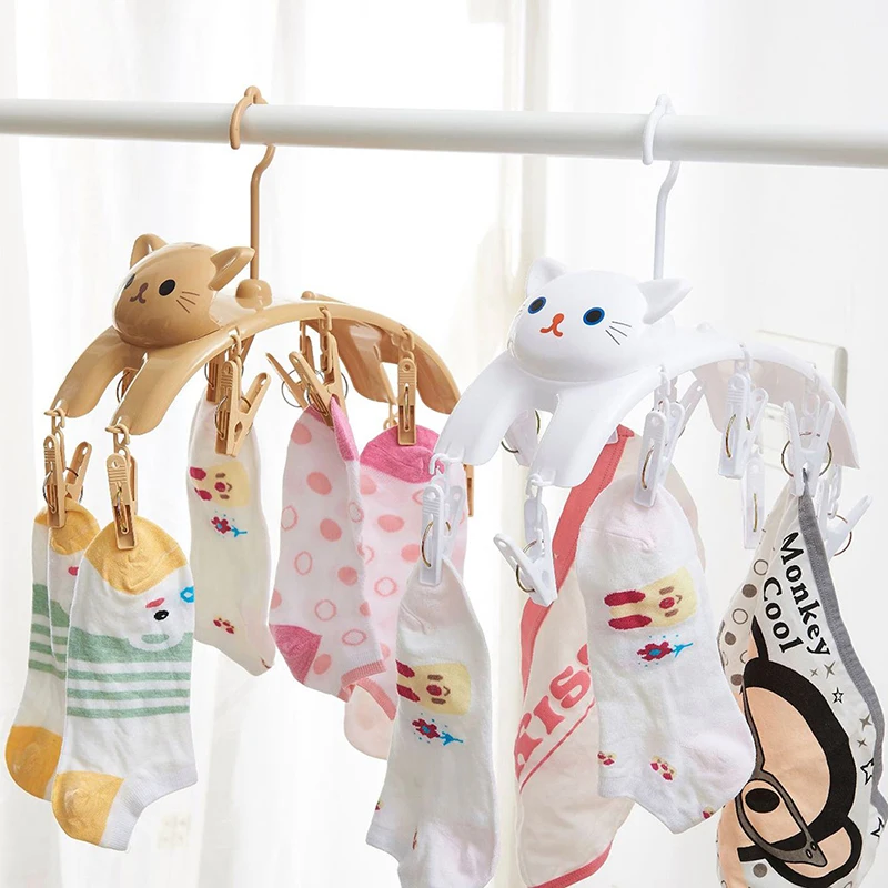 Cat Hangers With 10pcs Clothes Pegs Indoor Outdoor Laundry Clips Underwear Socks Multifunctional Storage Drying Rack