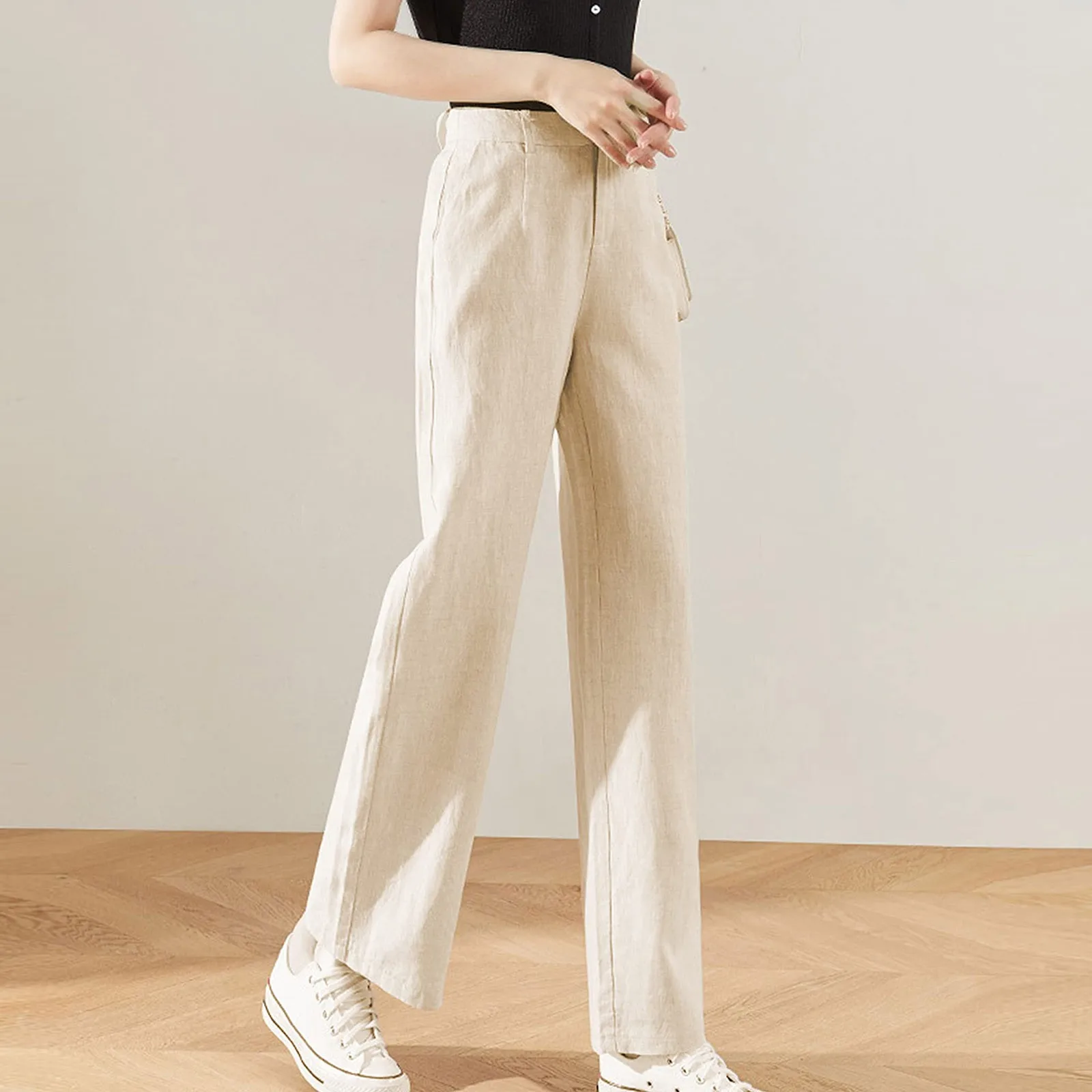 Lucyever Summer Cotton Linen Pants Women High Waist Zipper White Wide Leg Pants Woman Casual Loose Straight Full Trousers Female