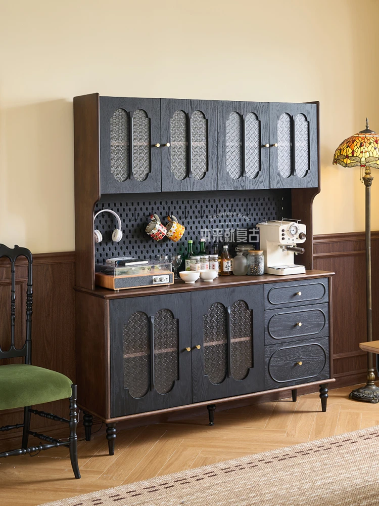 

French medieval solid wood dining side cabinet integrated against the wall retro style kitchen storage cabinet tea cabinet