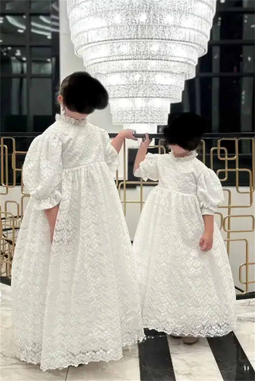 Vestido de primeira comunhão com apliques personalizados, elegante, luxuoso, gola alta, linha longa, meia manga, comprimento até o chão, vestido de flor para meninas