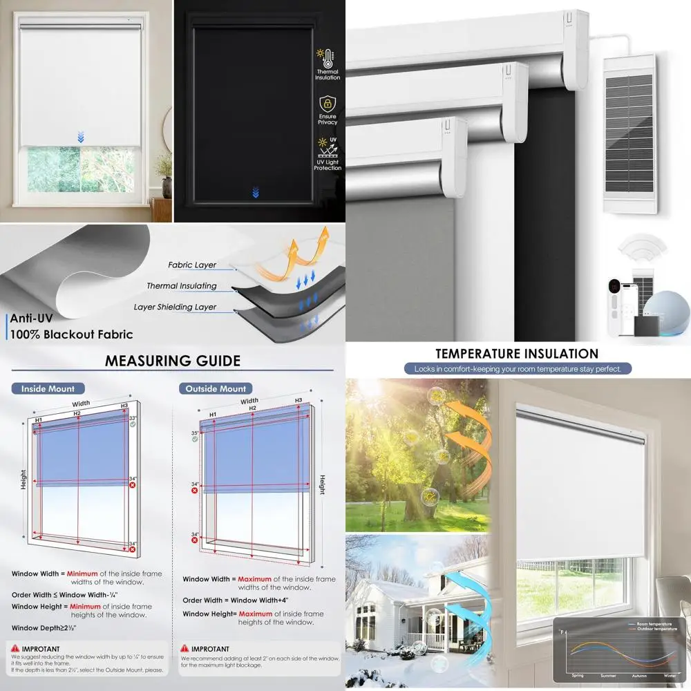 

Solar-Powered Smart Roller Blinds with Remote, Alexa-Compatible, White, 34x72