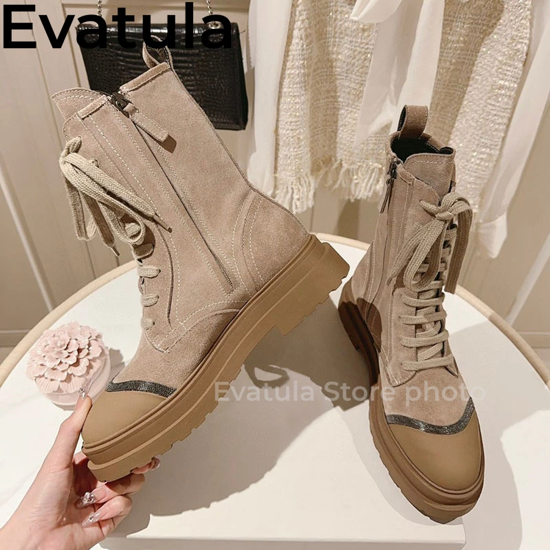 Thick Sole Lace Up Short Boots For Women Suede Leather Side Zipper Platform Ankle Boots Fashion Short Motorcycle Botas Mujer