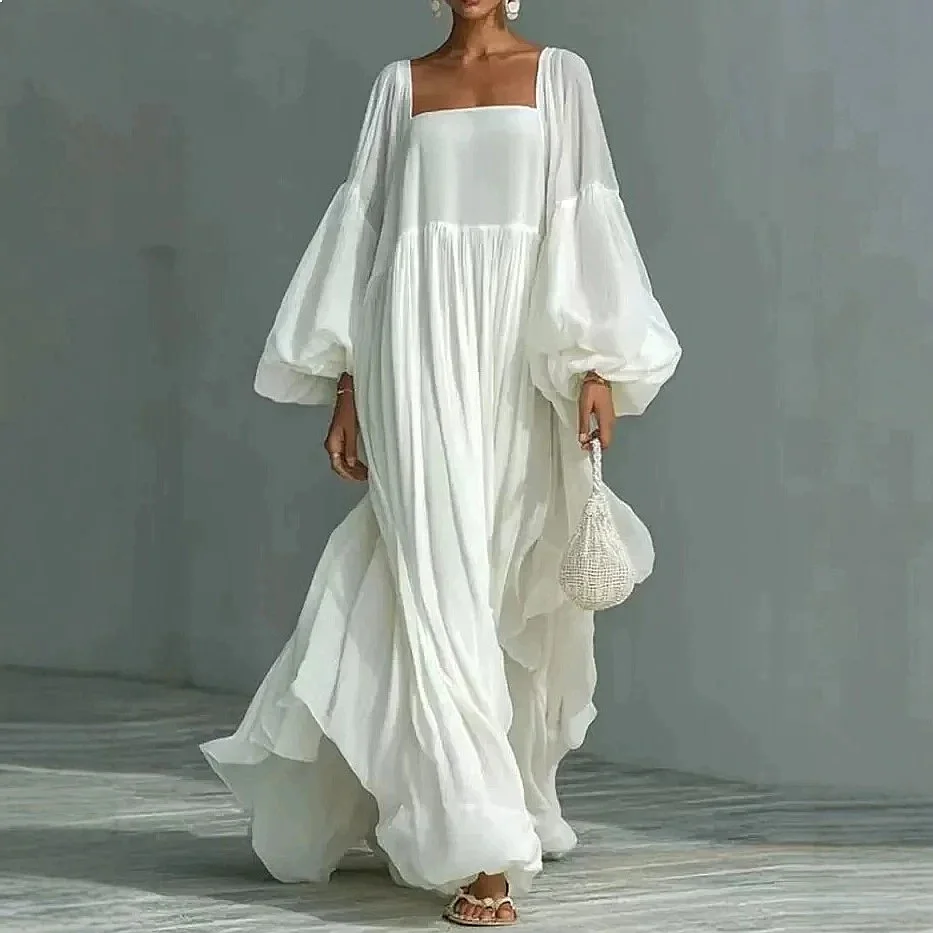 Women's Flowy Elegant Long Dress Square Neck Lantern Sleeve Loose Fit Slimming Dresses Spring Summer Vacation Matching Set