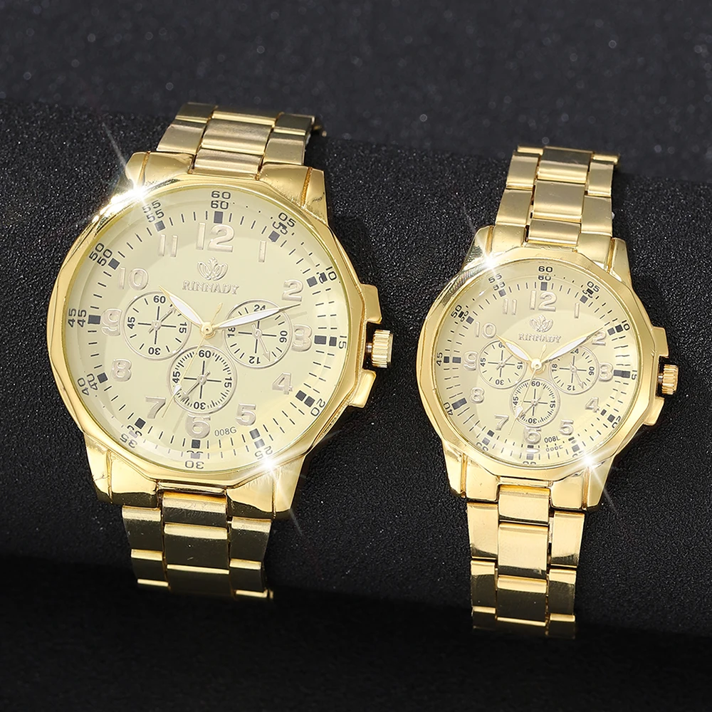 2 Piece Set Of Fashionable Simple Gold Exquisite Temperament Couple Watch, Fashionable Alloy Strap Quartz Watch