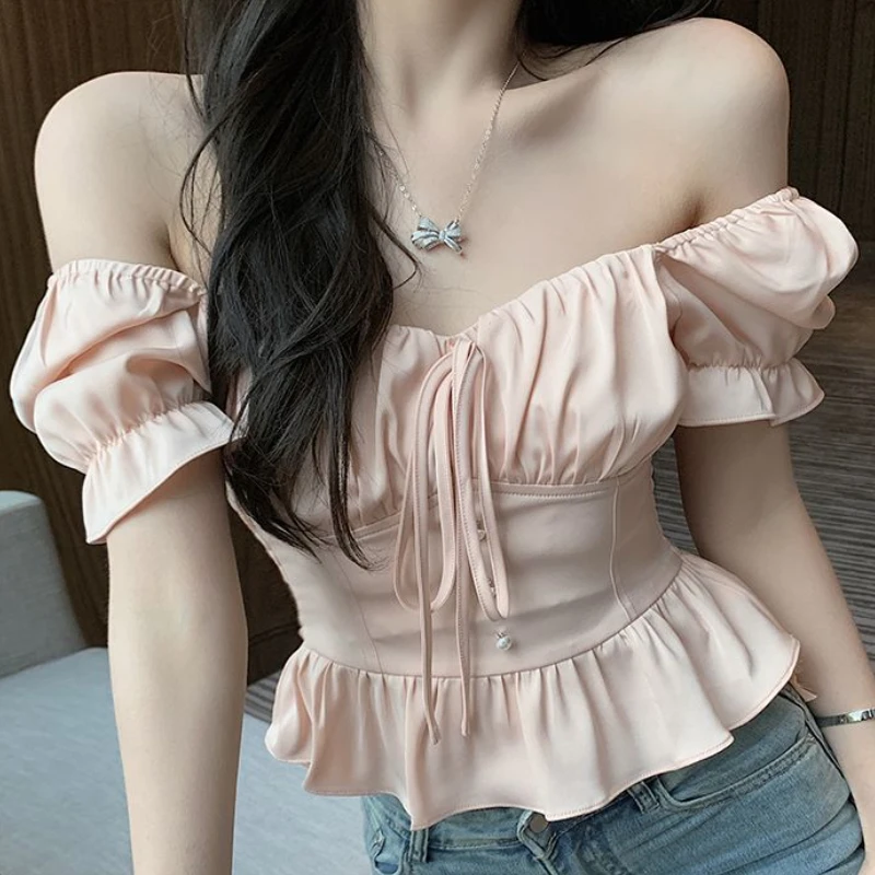 Puff Sleeve Blouses Women Ruffles Tender Lace-up Fashion Slim Hotsweet Solid All-match Summer New Vintage Female Korean Style