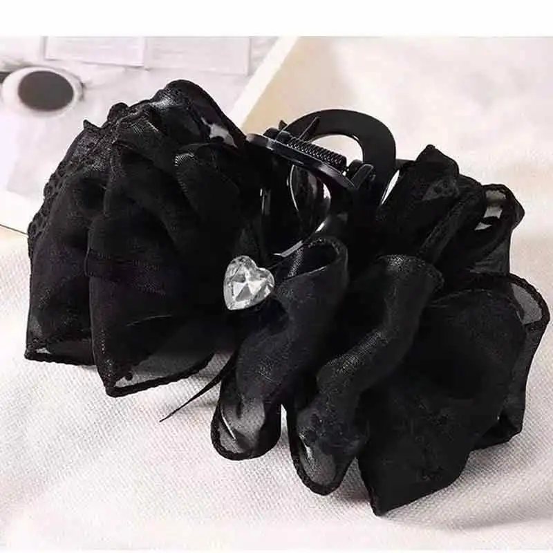 1개 여성용 멀티 컬러 라인스톤 하트 메쉬 리본 헤어 클립 양면 버블 그립 푹신한 헤어 집게 스타일리쉬 헤어 액세서리