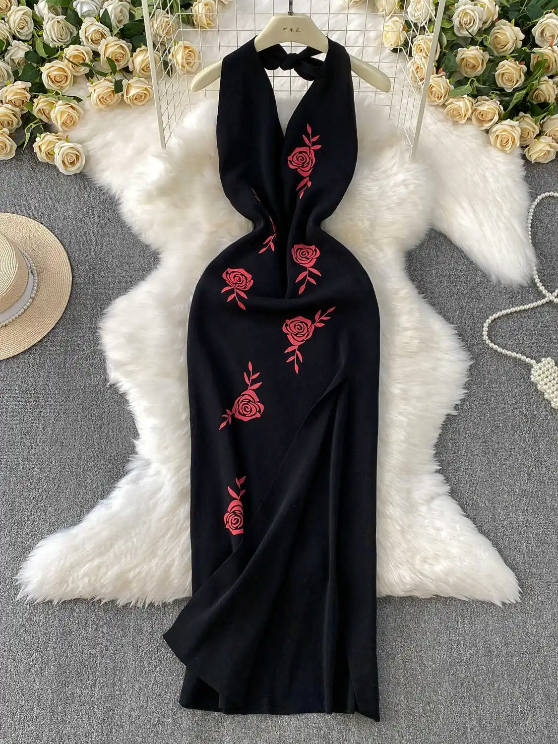 ผู้หญิงสีดํา Goth หรูหราชุดวินเทจสไตล์จีนชุดยาวกับ Slit V คอ One Piece Frocks Y2k Emo 2000s เสื้อผ้าฤดูร้อน