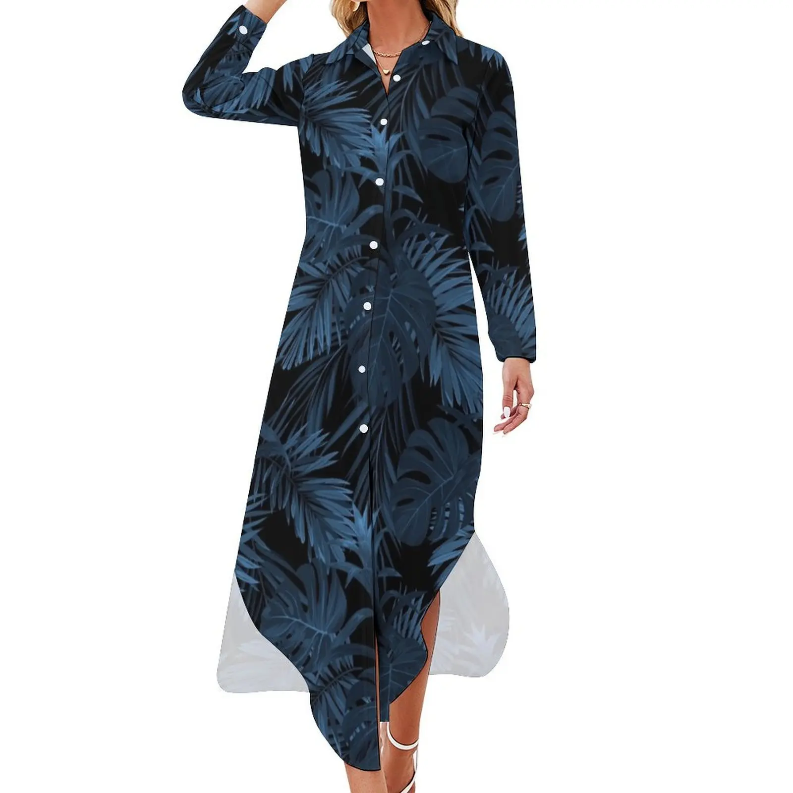 

Dark indigo tropical Long Sleeved Shirt Dress Dress vintage dresses summer woman 2024 Bridesmaid dress woman