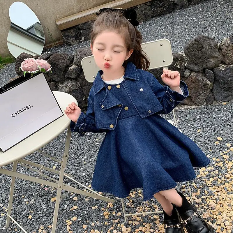 Girl Cowboy Coat Long Skirt Two-Piece Set Spring Autumn Dress Child Student Versatile Kawaii Fashion New Style Casual Clothing