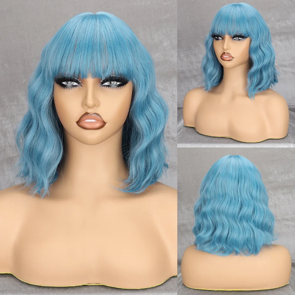 European beautiful woman blue bangs wool roll shoulder length curly hair wig chemical fiber