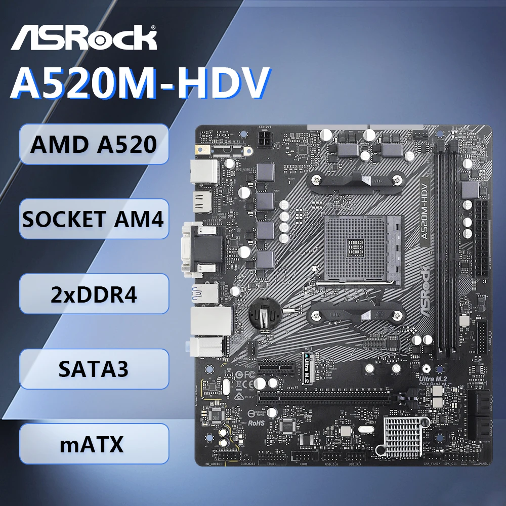 

Материнская плата ASRock A520M-HDV mATX AMD A520 с разъемом AM4 DDR4 64 ГБ SATA3 M.2 HDMI DVI-D VGA для серии AMD 3000/4000/5000