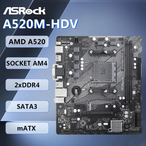 ASRock A520M-HDV Motherboard mATX AMD A520 Socket AM4 DDR4 64GB SATA3 M.2 HDMI DVI-D VGA for AMD 3000/4000/5000 Series