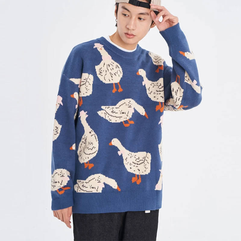 Ins American Hip Hop Duck Jacquard High Street Sweater Oversized Thicken Winter Clothes Harajuku Couples Pullover Kawaii Clothes