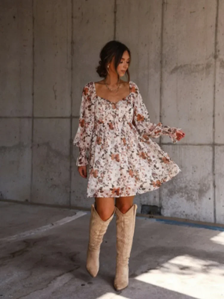 فستان نسائي كاجوال برقبة على شكل حرف V وأكمام طويلة وطبعة زهور، فستان ربيعي أنيق وعصري أنيق للتنقل #2