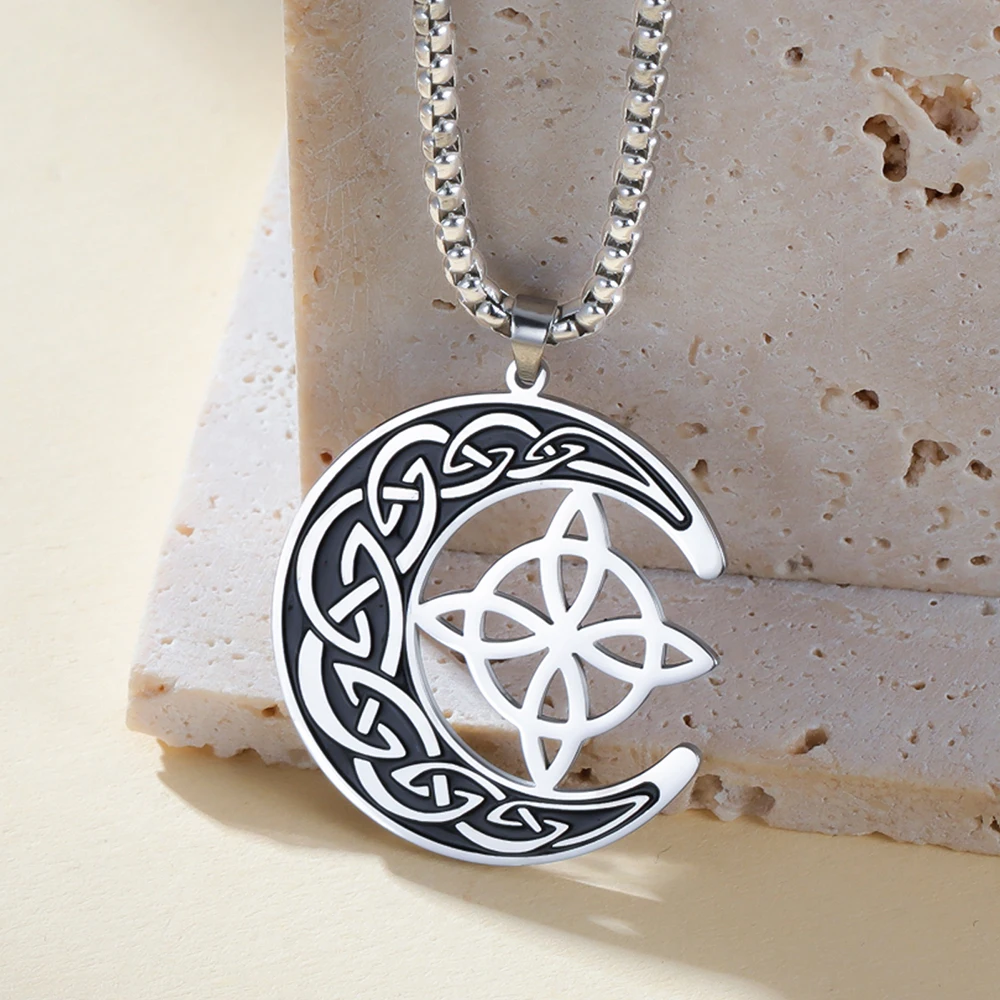 Dawapara-collar de luna creciente con nudo de bruja, amuleto de protección Wiccan, joyería irlandesa de acero inoxidable
