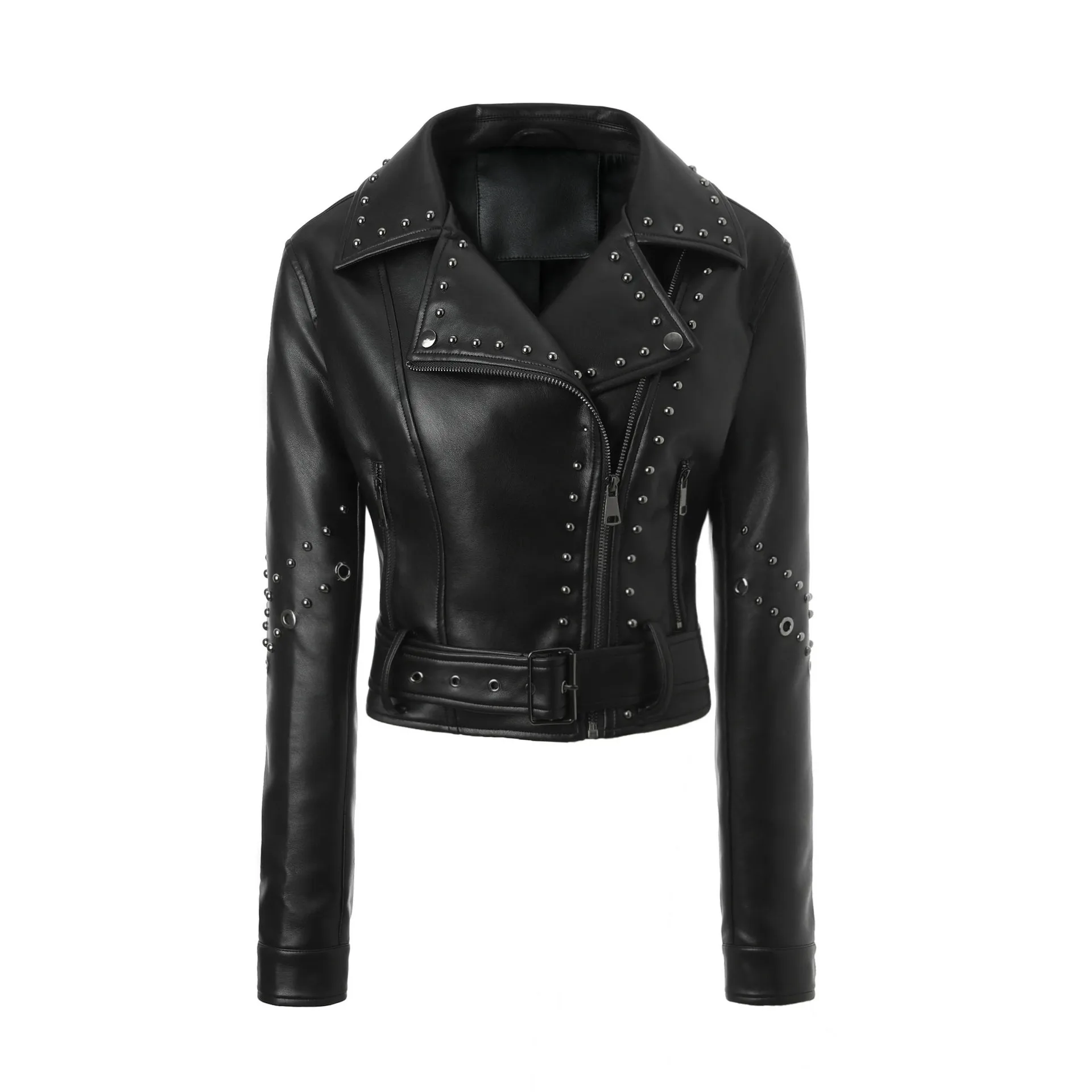 

Autumn and winter women's black popular PU slim fit lapel motorcycle jacket punk rock short leather jacket