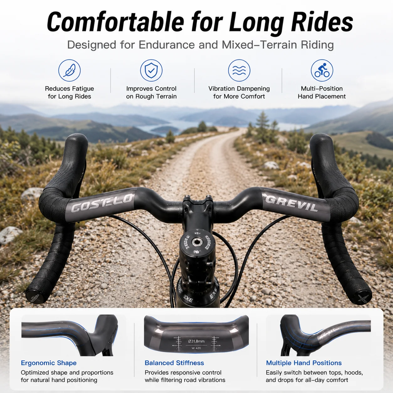 GREVIL Carbon Gravel Bicycle Handlebar T1000 Drop Bar 31.8mm 38/40/42cm for Road Gravel Cyclocross Bike