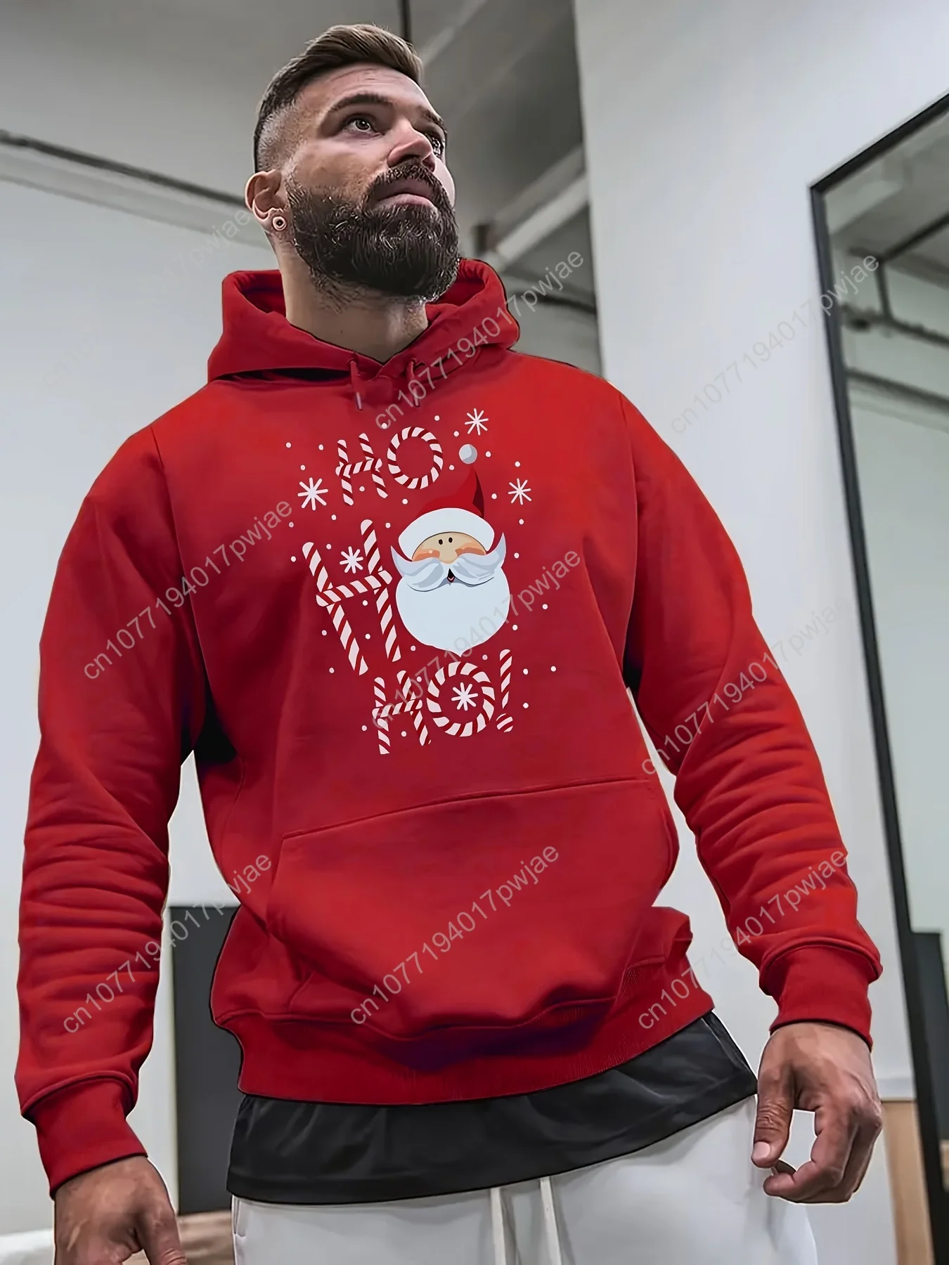 

Men's Christmas Hooded Sweatshirt with Ho Ho Ho & Snowflake Print - White with Red Lettering, Warm Winter Pullover Hoodie, Long