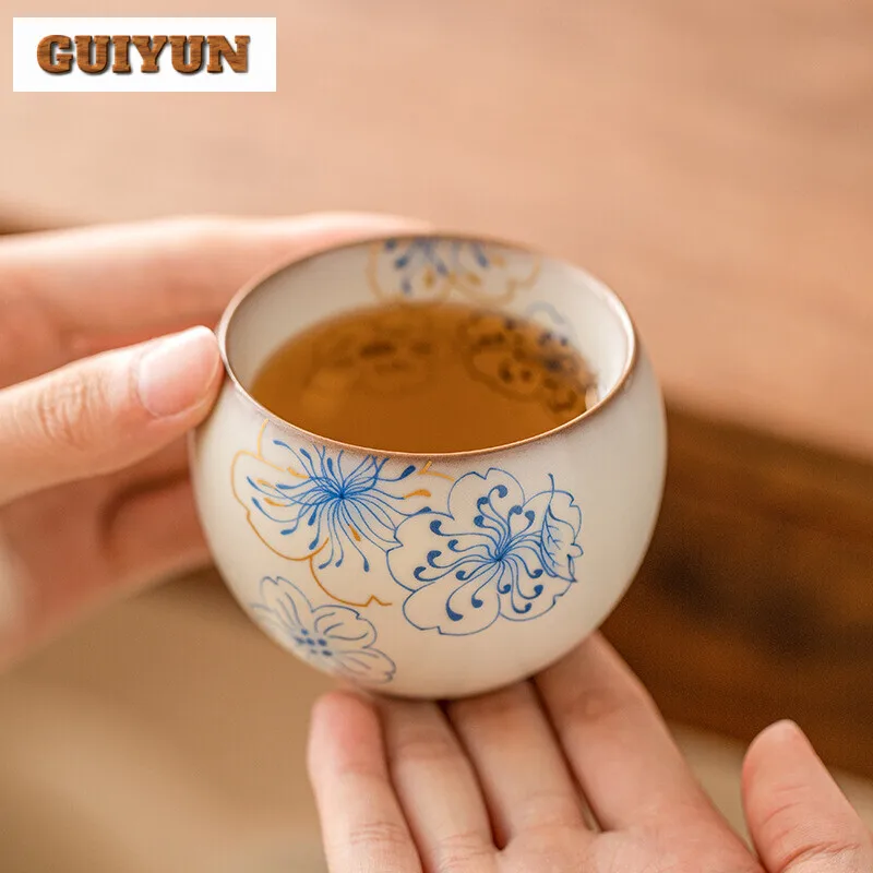 

100ml High End Ru Kiln Porcelain Teacup Blue Peach Blossom Arhat Cup Small Tea Master Single Cup Chinese Women's Beauty Tea Bowl