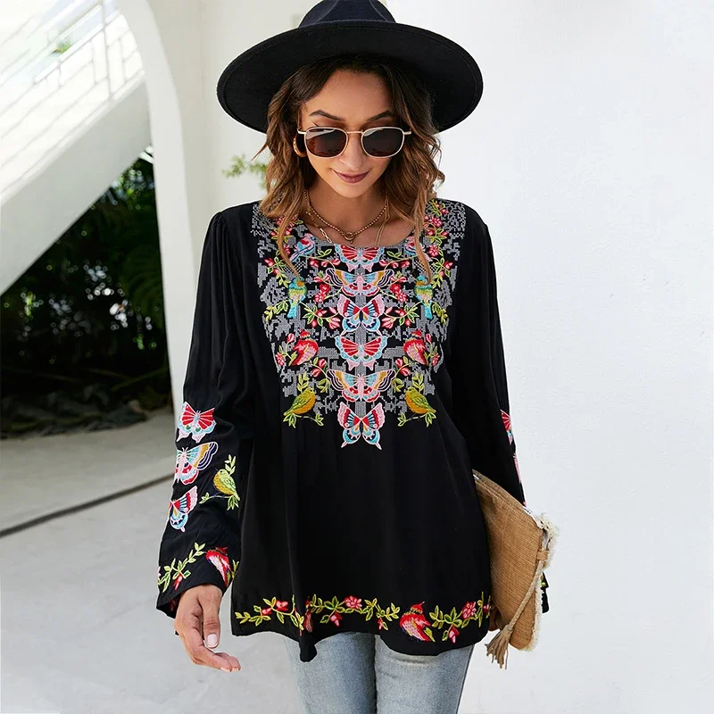 Eaeovni  Women\'s Mexican Embroidered Tops Traditional Boho Hippie Clothes Peasant Blouse Bohemian Long Sleeve Shirt Tunic